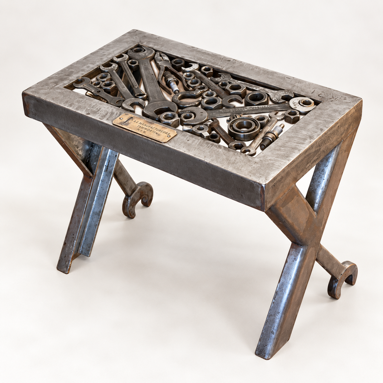 Industrial bench made from reclaimed steel, spanners and mechanical parts